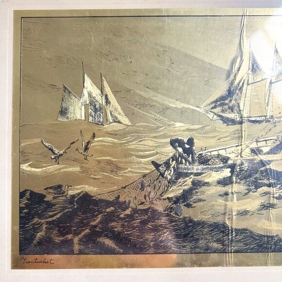 “NANTUCKET” Gold Foil Etching by Lionel Barrymore Black Frame Ready to Hang - Picture 5 of 10